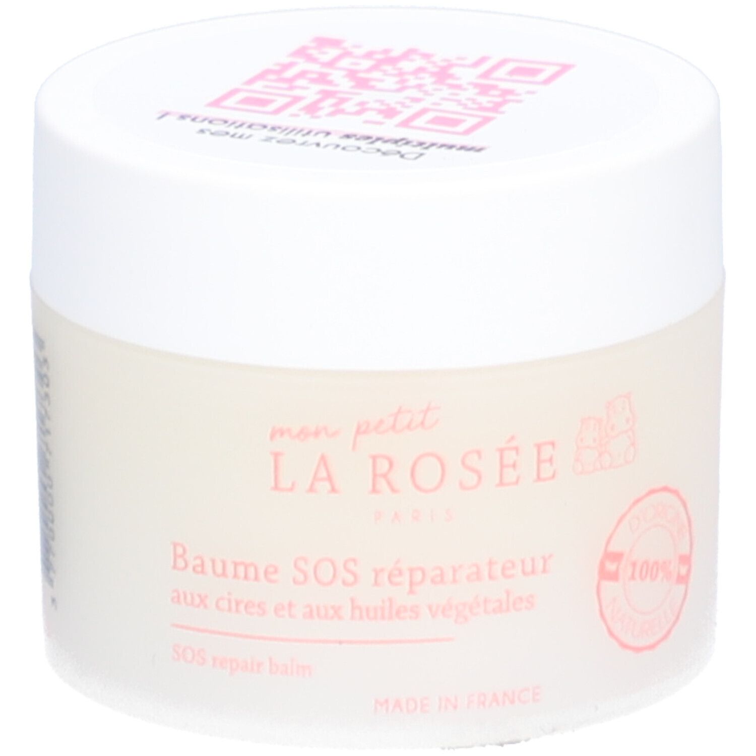 Pot de crème avec couvercle blanc. Inscription: LA ROSÉE, Baume SOS réparateur. 100% naturel.