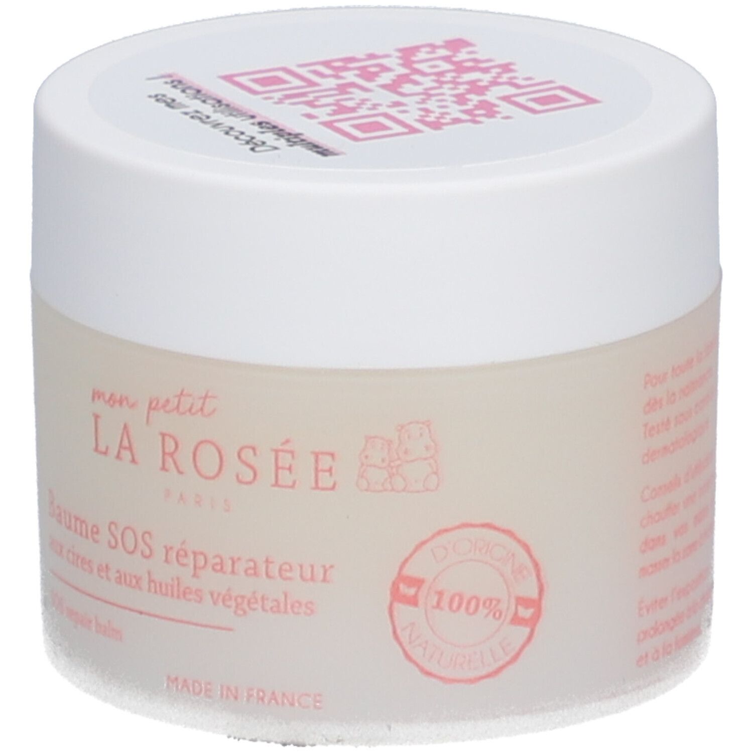 Pot de crème avec couvercle blanc. Inscription: LA ROSÉE, Baume SOS réparateur. 100% naturel.