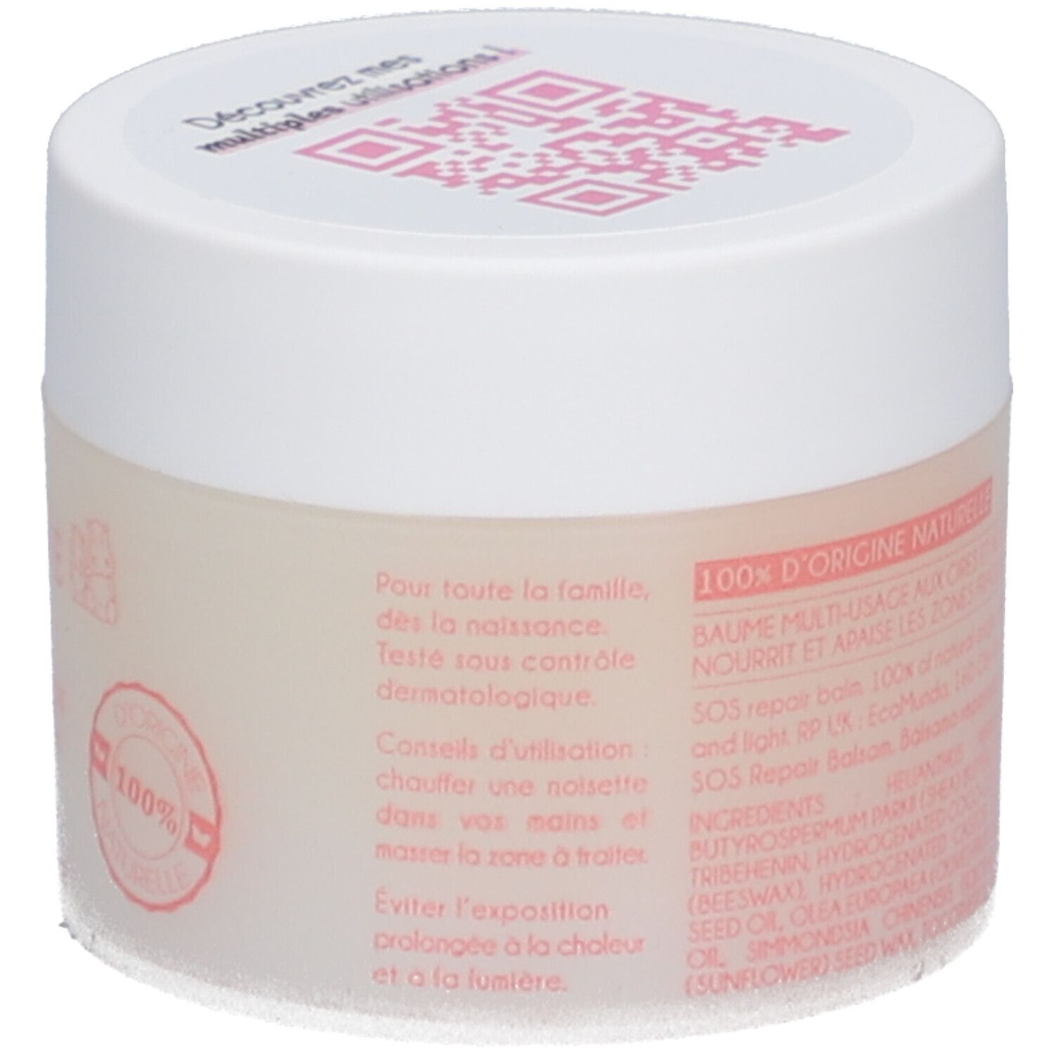 Pot de crème avec couvercle blanc. Inscription: LA ROSÉE, Baume SOS réparateur. 100% naturel. Conseils d'utilisation.