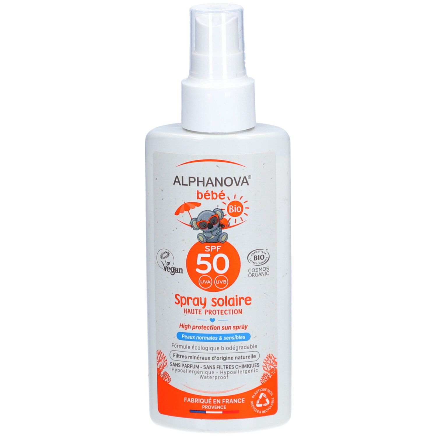Witte zonnebrandspray voor baby's met sproeikop. Opschrift: ALPHANOVA bébé, SPF 50, BIO, Vegan. Verpakking met illustratie.