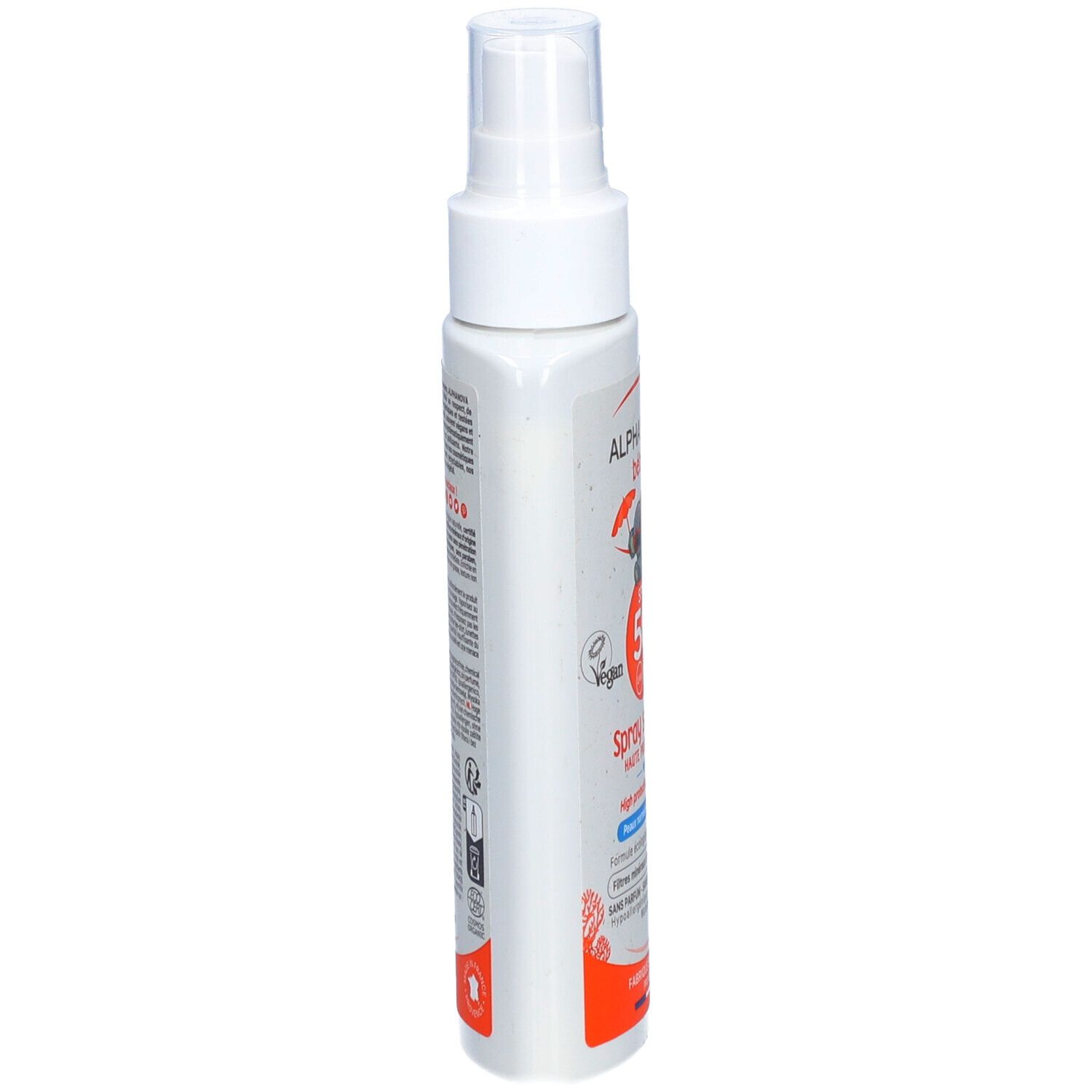 Witte zonnebrandspray voor baby's, zijaanzicht. Opschrift: ALPHANOVA bébé, SPF 50. Vegan-logo. Fles met sproeikop.