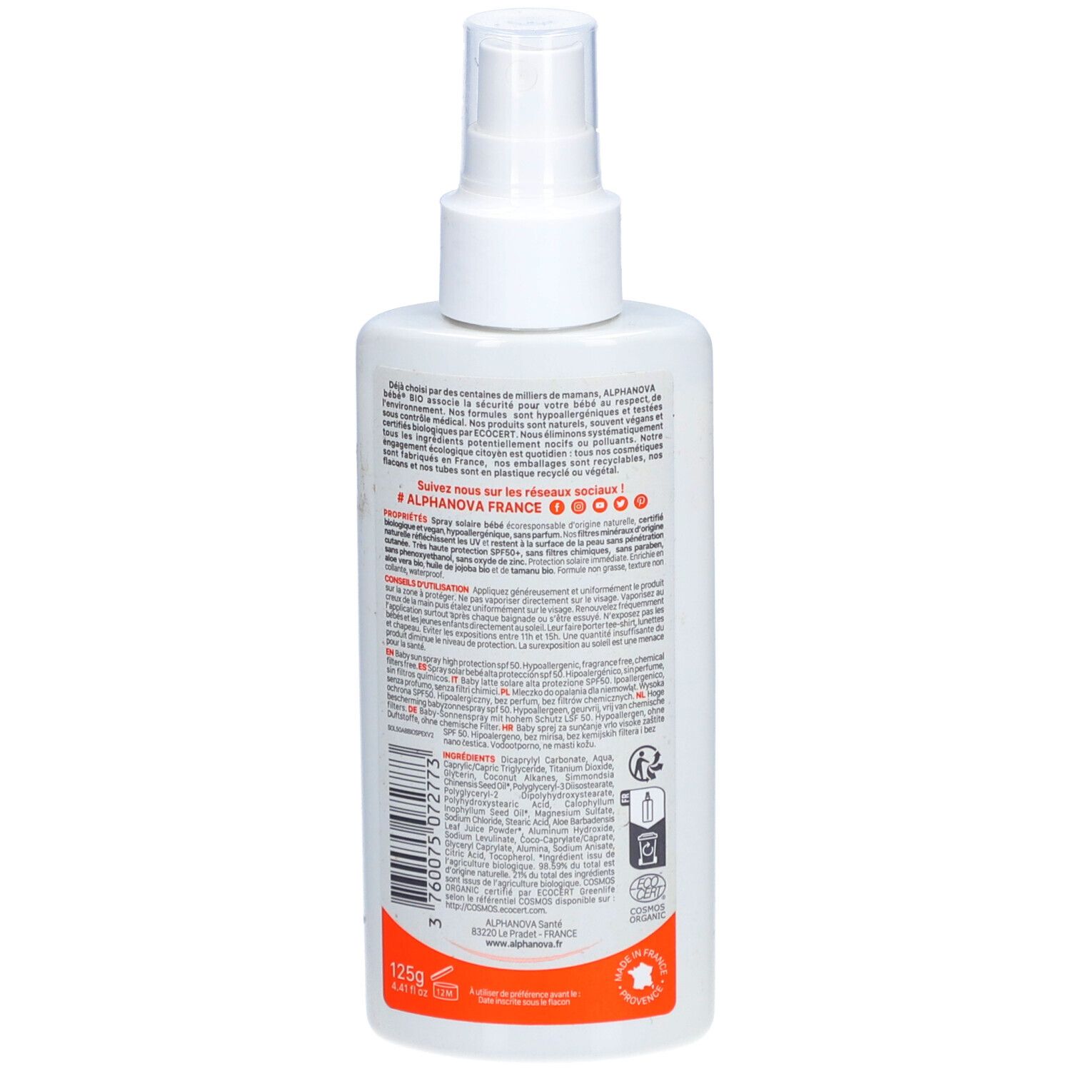 Achterkant van de witte zonnebrandspray voor baby's. Tekstinformatie, ingrediënten, logo's. Opschrift: ALPHANOVA FRANCE. 125g.
