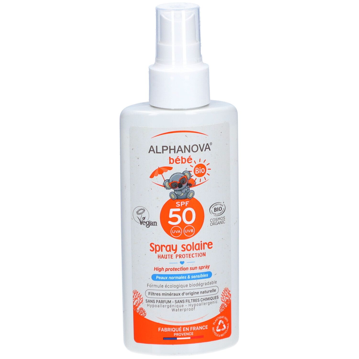 Witte zonnebrandspray voor baby's met sproeikop. Opschrift: ALPHANOVA bébé, SPF 50, BIO, Vegan. Verpakking met illustratie.