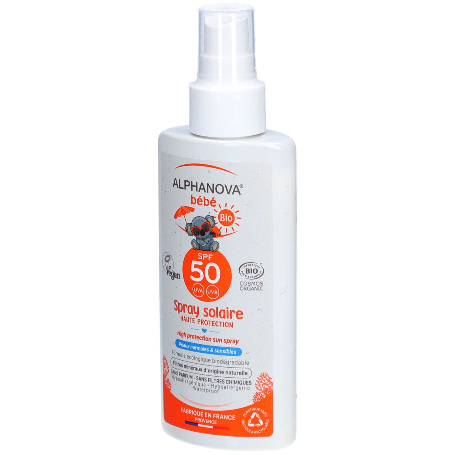 Witte zonnebrandspray voor baby's met sproeikop. Opschrift: ALPHANOVA bébé, SPF 50, BIO, Vegan. Verpakking met illustratie.