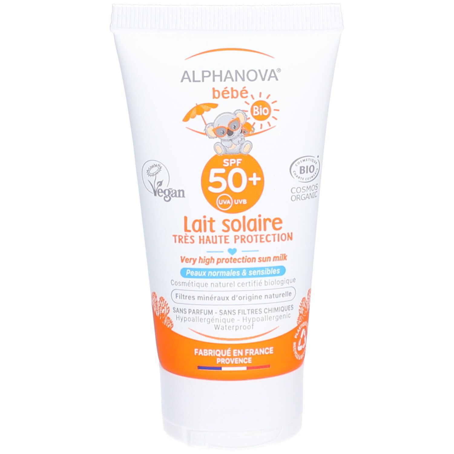 Witte tube met oranje accenten. Opschrift: ALPHANOVA bébé, SPF 50+, Lait solaire. Vegan- en bio-logo's.