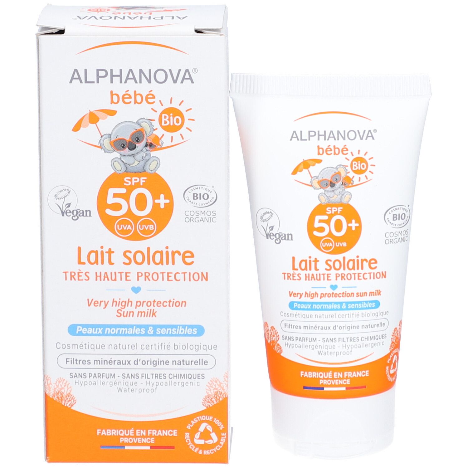 Product en verpakking naast elkaar. Tube en doos met opschrift ALPHANOVA bébé, SPF 50+, Lait solaire.