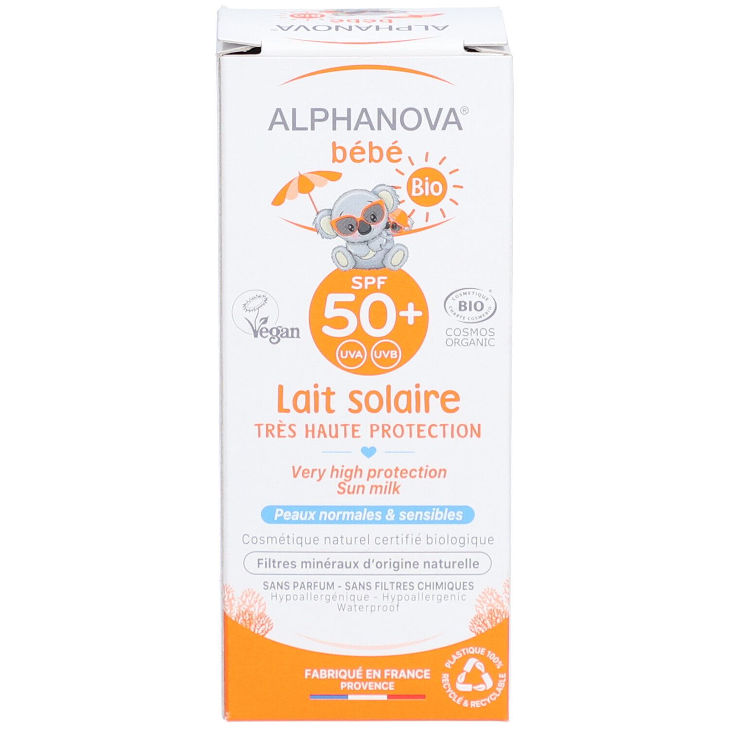Kartonnen verpakking. Opschrift: ALPHANOVA bébé, SPF 50+, Lait solaire. Vegan- en bio-logo's.