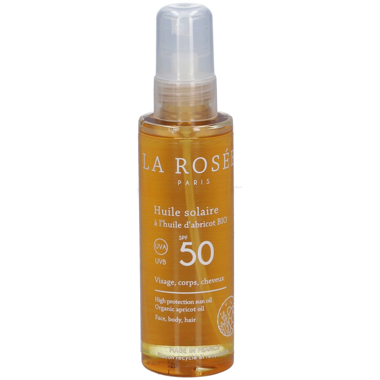 LA ROSÉE Zonneolie SPF 50. Transparante fles met verstuiver. Tekst: Huile solaire, SPF 50, gezicht, lichaam, haar.