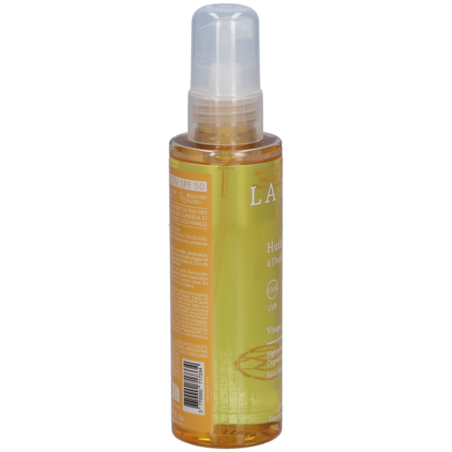 LA ROSÉE Zonneolie SPF 50. Fles, zijaanzicht. Tekst: Huile solaire, SPF 50, gezicht, lichaam, haar. Streepjescode.