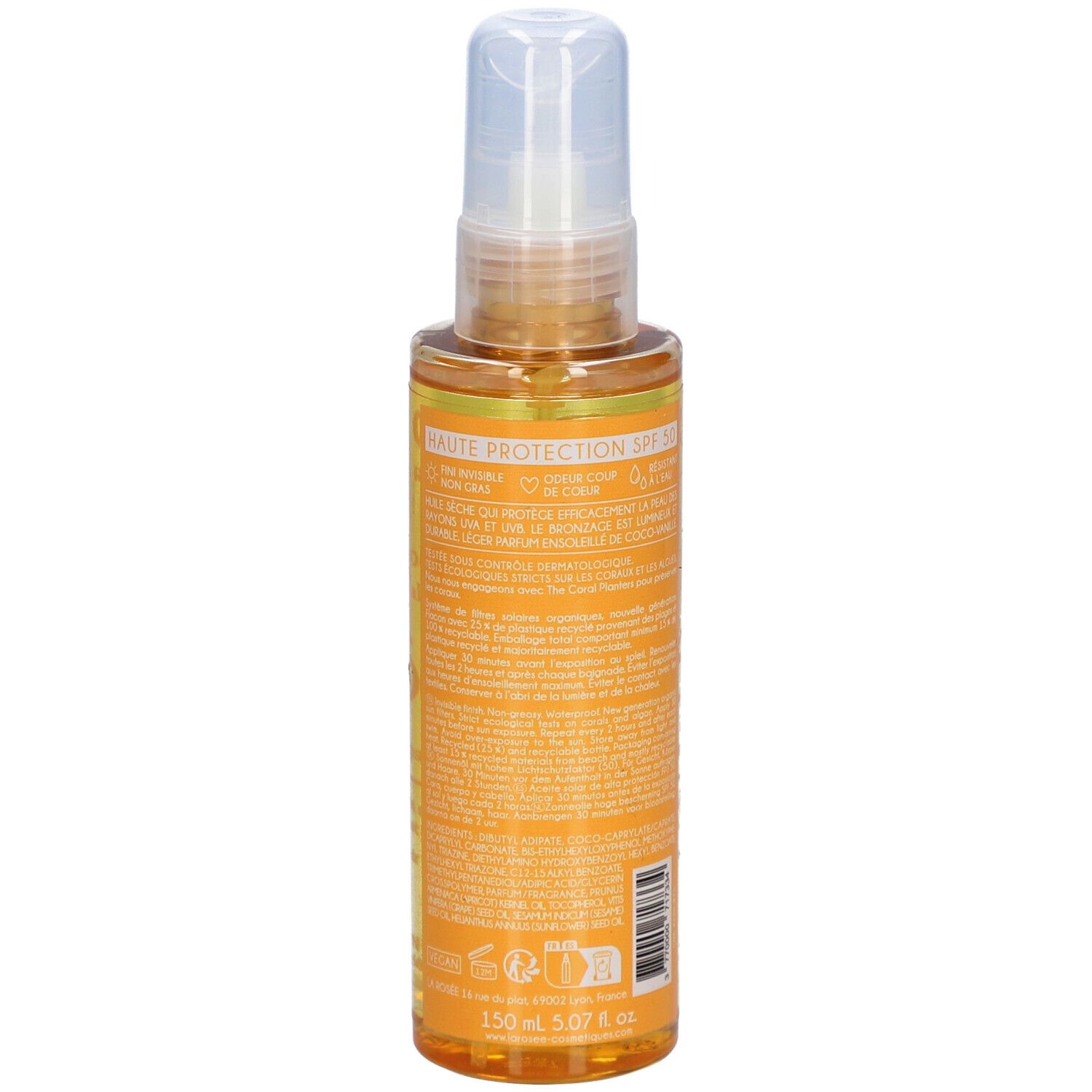 LA ROSÉE Zonneolie SPF 50. Achteraanzicht van de fles. Tekst: Huile solaire, SPF 50, 150 ml, recyclebaar.