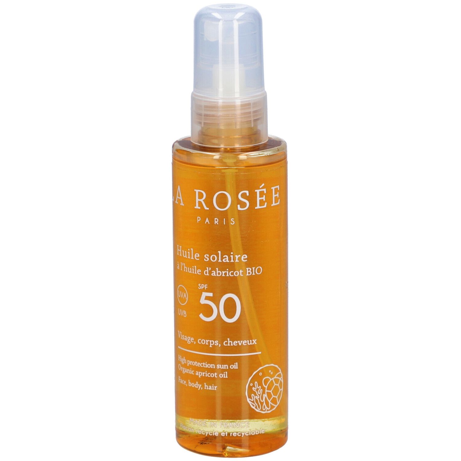 LA ROSÉE Zonneolie SPF 50. Fles, close-up. Tekst: Huile solaire, SPF 50, gezicht, lichaam, haar.
