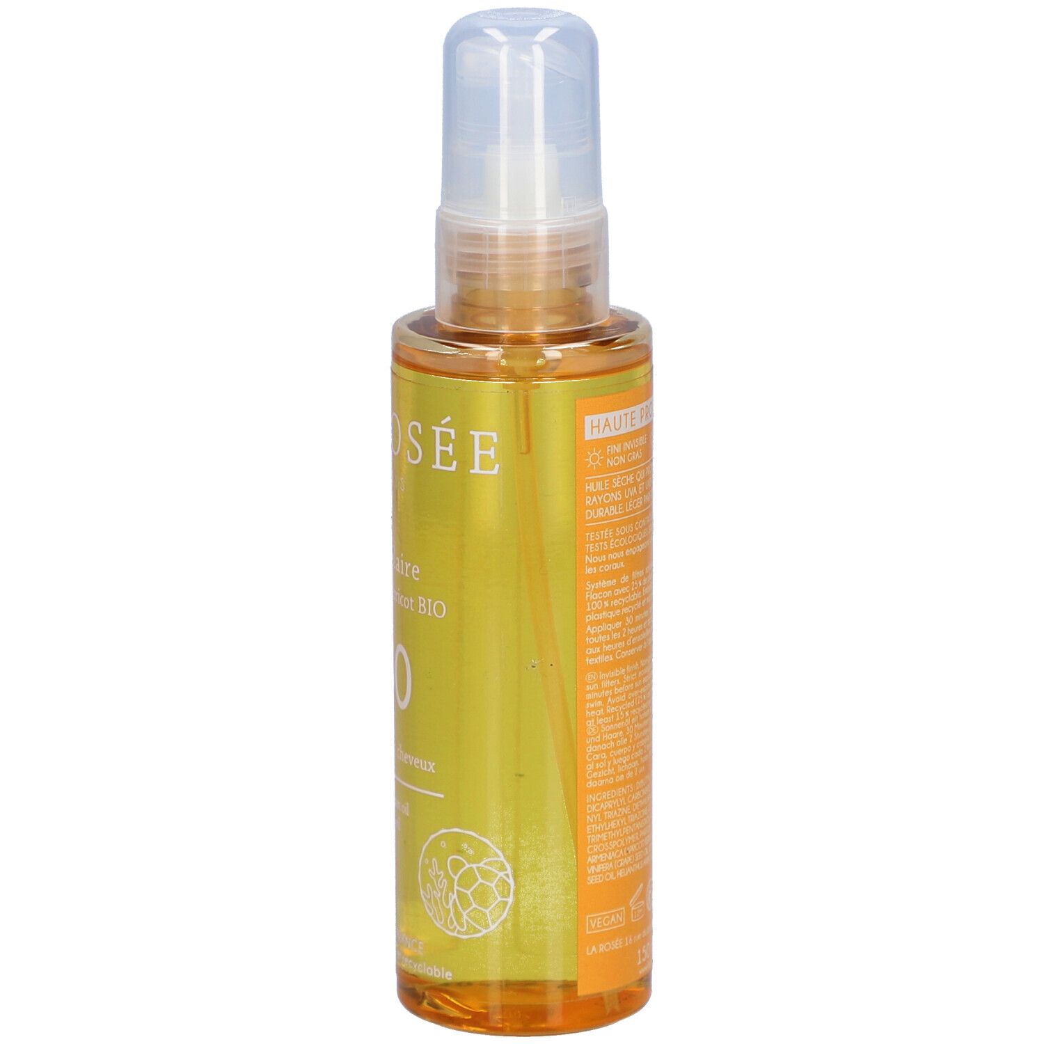 LA ROSÉE Zonneolie SPF 50. Fles, zijaanzicht. Tekst: Huile solaire, SPF 50, gezicht, lichaam, haar.