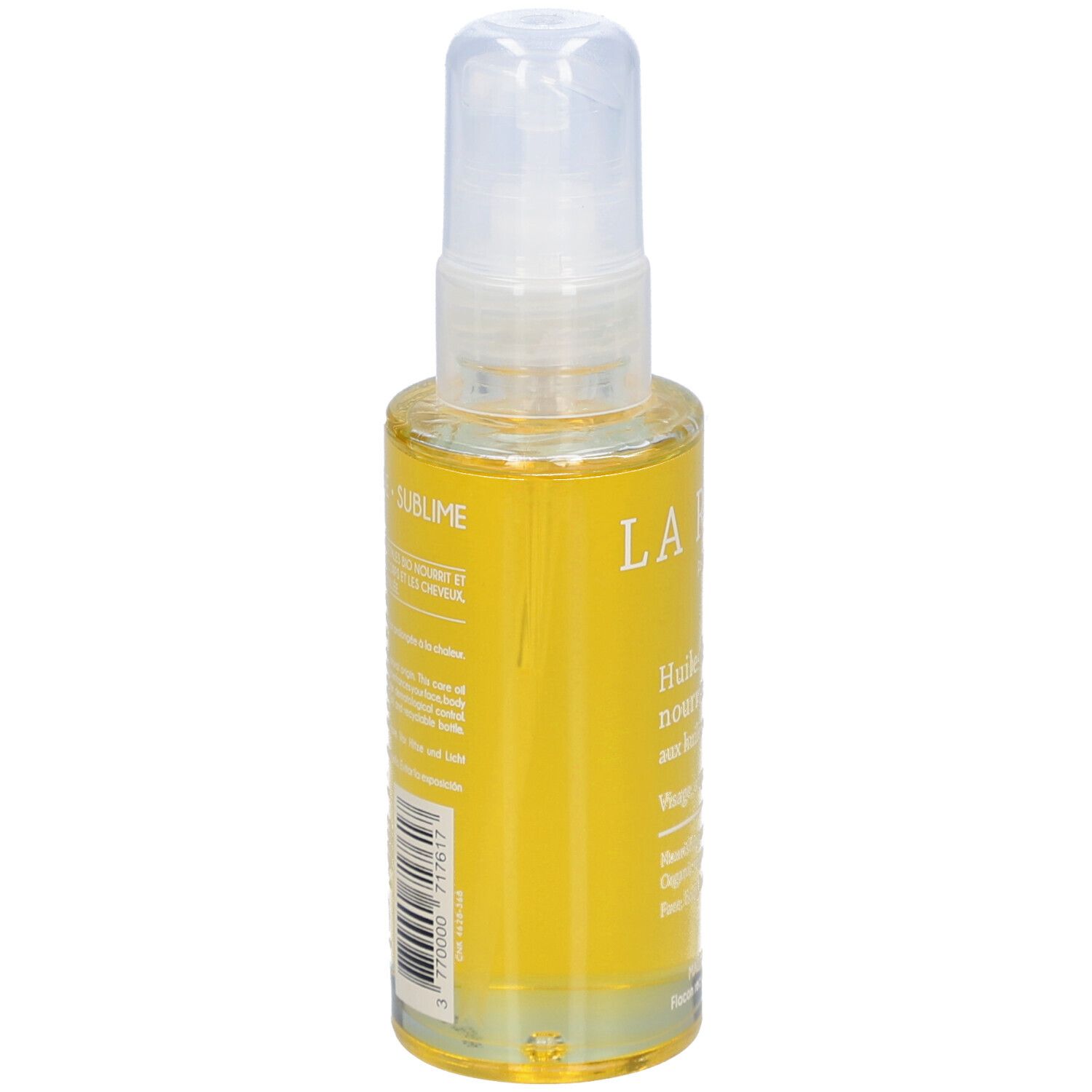 Vue arrière d'un flacon spray contenant un liquide jaune. Inscription: LA ROSÉE, Sublime, Huile de soin nourrissante, aux huiles végétales BIO.