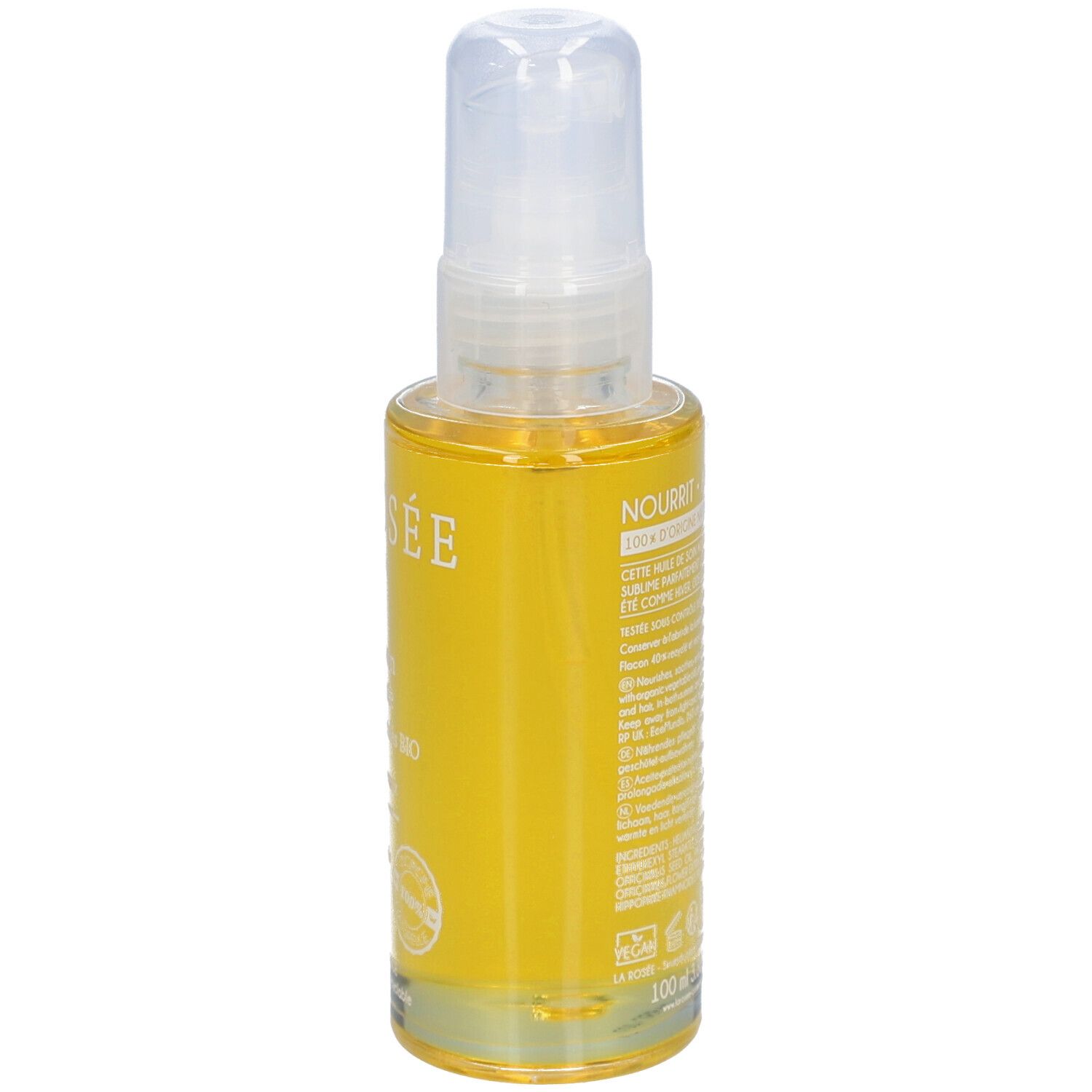 Vue arrière d'un flacon spray contenant un liquide jaune. Inscription: LA ROSÉE, Huile de soin nourrissante, aux huiles végétales BIO, 100 ml.