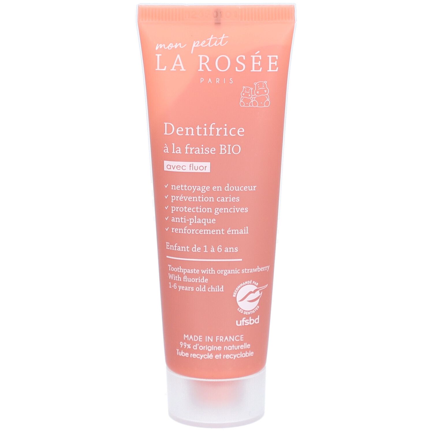 Tube de dentifrice rose. Texte: "LA ROSÉE", "Dentifrice à la fraise BIO" avec fluor. Pour enfants de 1 à 6 ans.