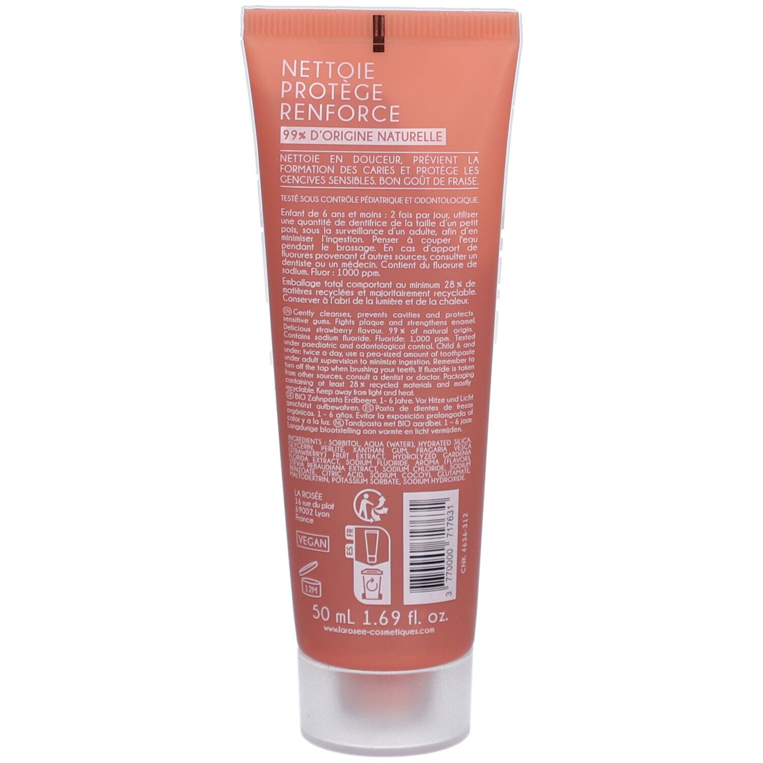 Dos du tube de dentifrice. Texte: "NETTOIE PROTÈGE RENFORCE", 99% d'origine naturelle. Contient 50 ml.