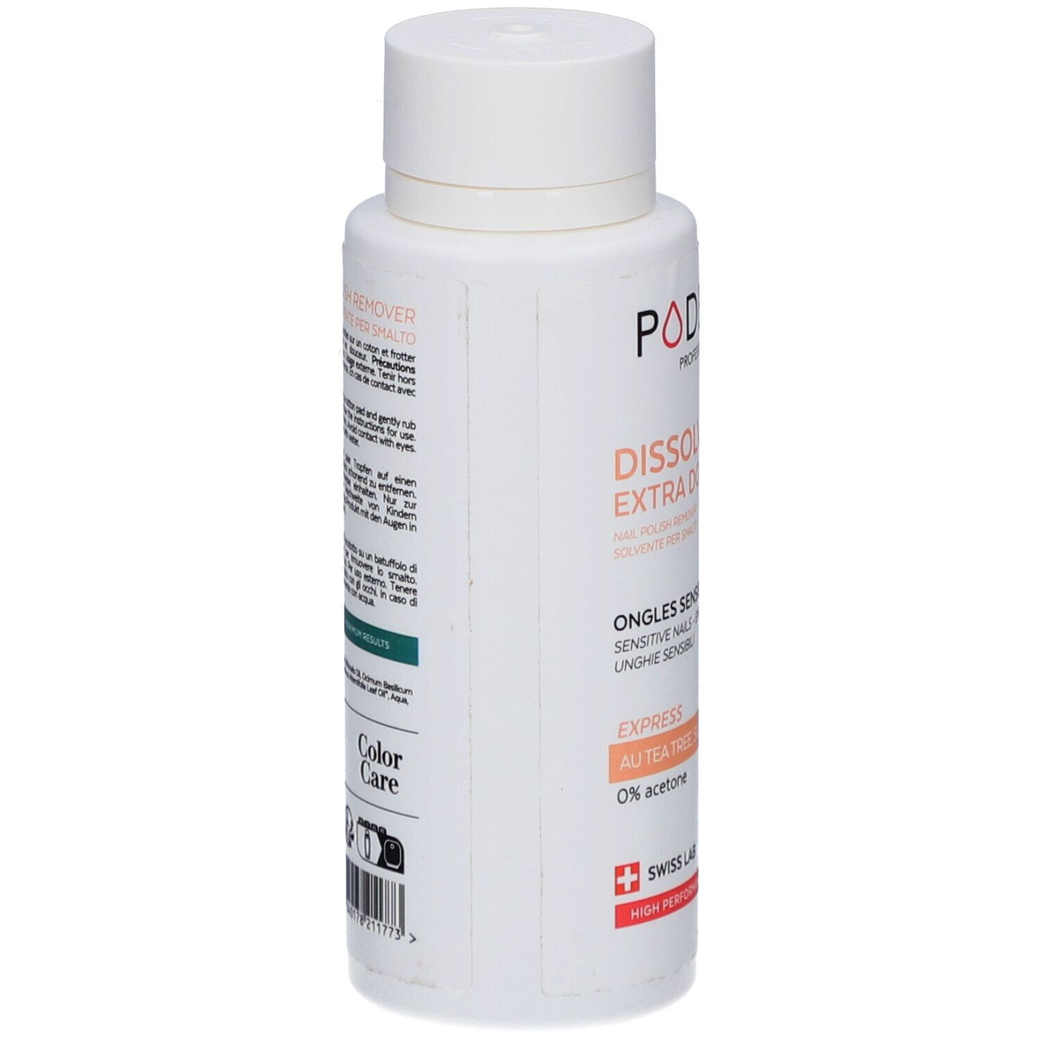Flacon blanc, vue latérale. Étiquette avec informations produit. Inscriptions: PODERM, Dissolvant Extra Doux, Ongles Sensibles.