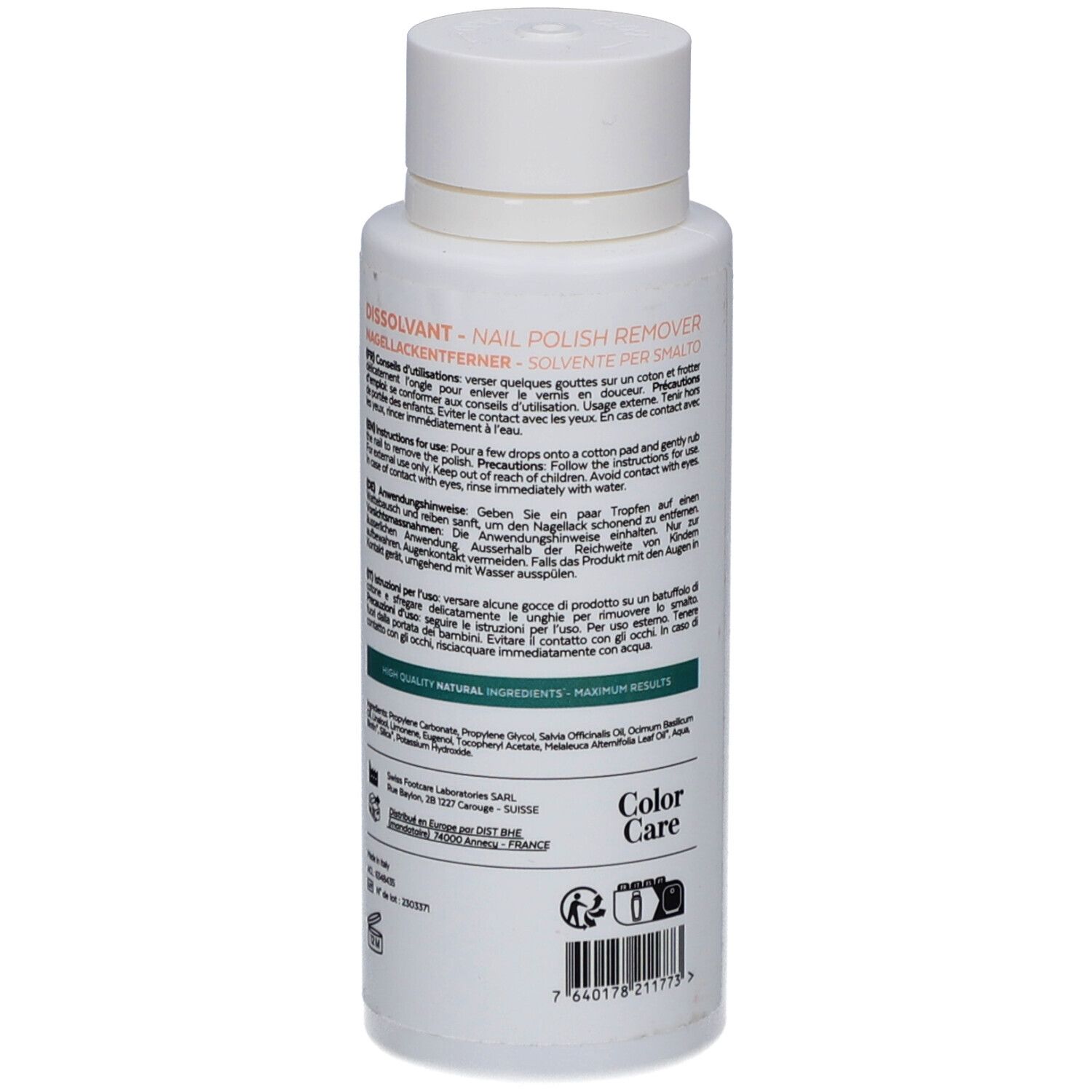 Dos du flacon blanc. Étiquette avec informations produit. Inscriptions: Dissolvant - Nail Polish Remover.