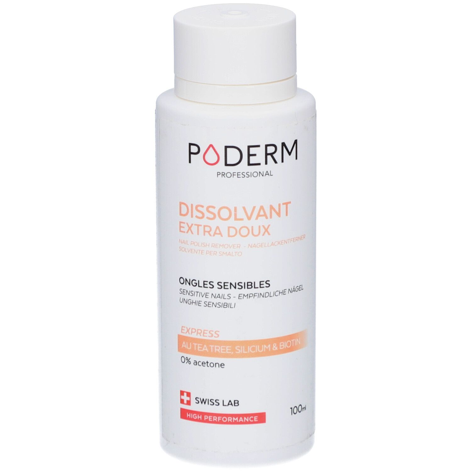 Flacon blanc avec étiquette. Inscriptions: PODERM, Dissolvant Extra Doux, Ongles Sensibles. Swiss Lab.