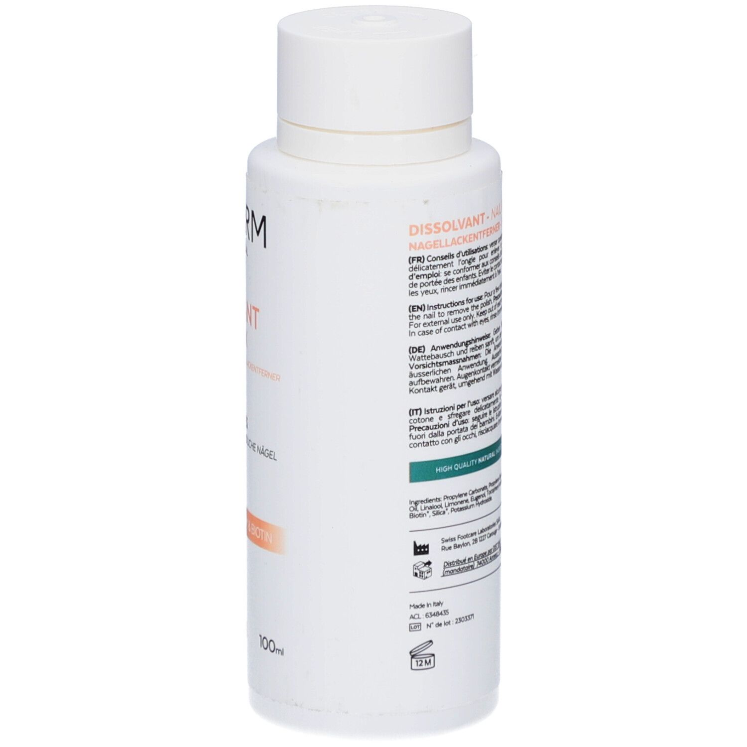 Flacon blanc, vue latérale. Étiquette avec informations produit. Inscriptions: Dissolvant - Nail Polish Remover.