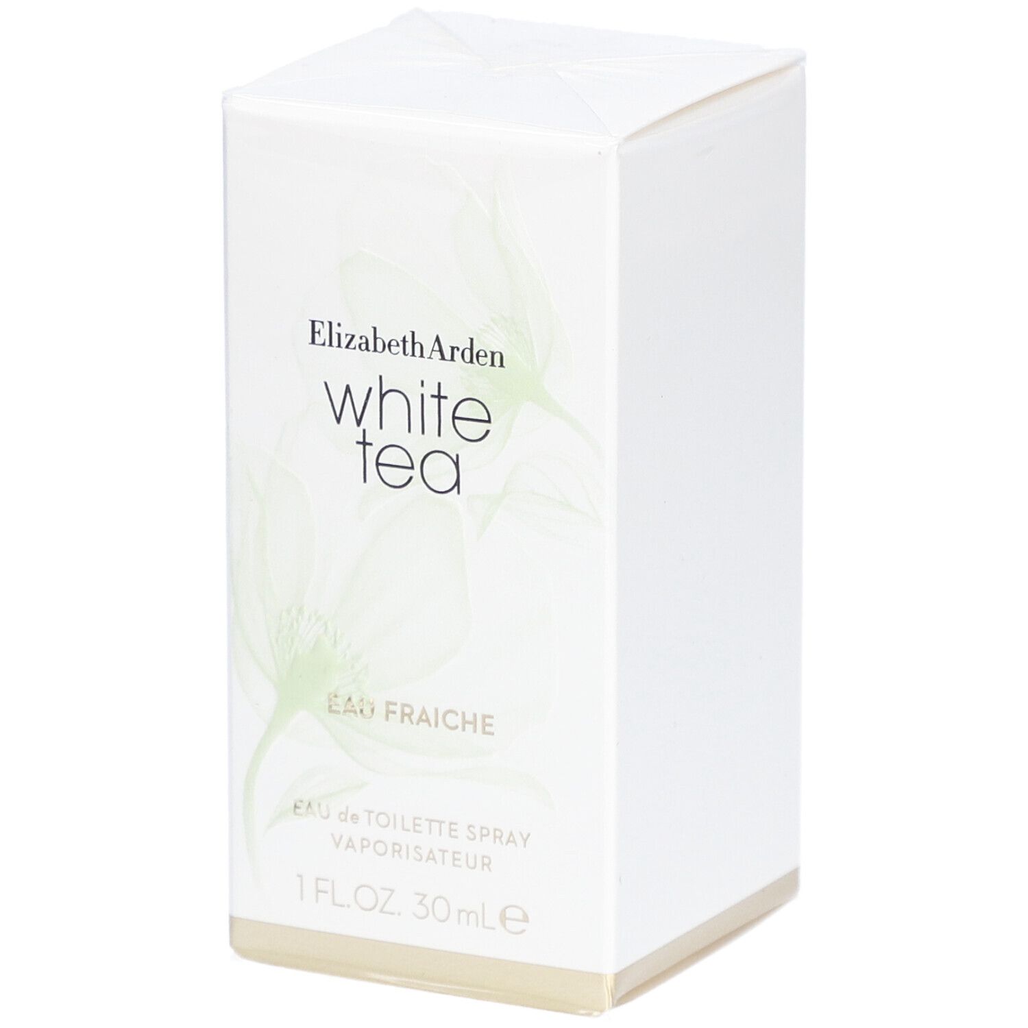 Witte rechthoekige doos met productnaam en logo. Opschrift: White Tea Eau Fraîche. 1 FL.OZ. 30 ml.