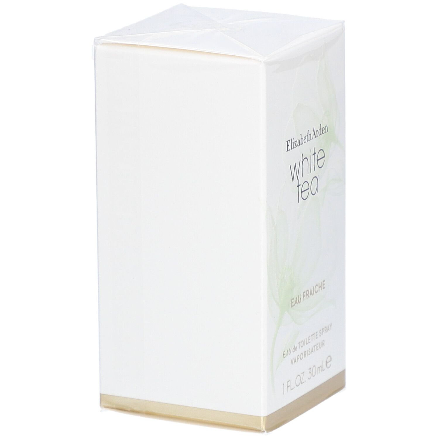 Witte rechthoekige doos met productnaam en logo. Opschrift: White Tea Eau Fraîche. 1 FL.OZ. 30 ml.