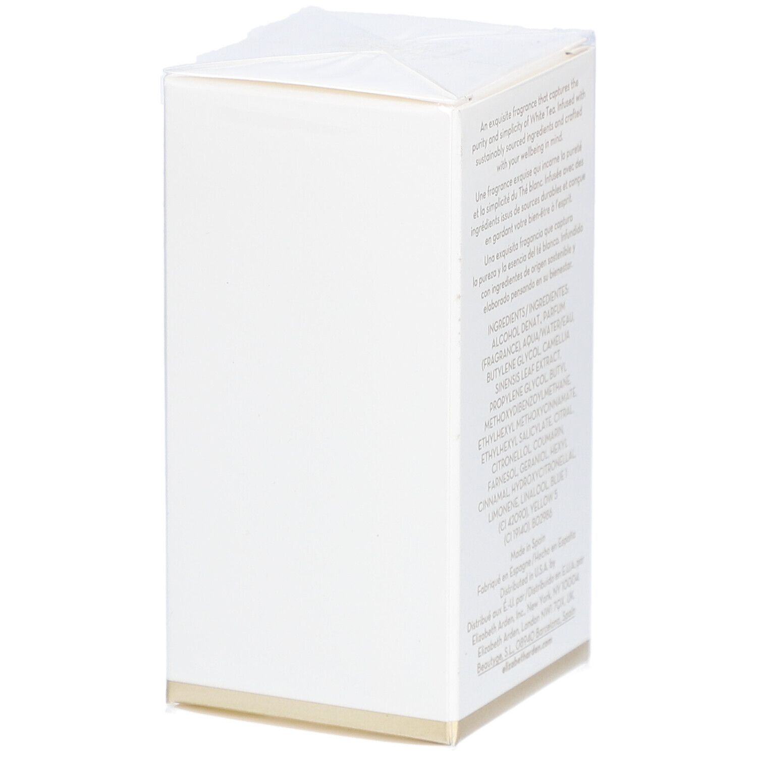 Witte rechthoekige doos met tekst. Bevat ingrediënten en fabrikantinformatie. Gouden rand onderaan.