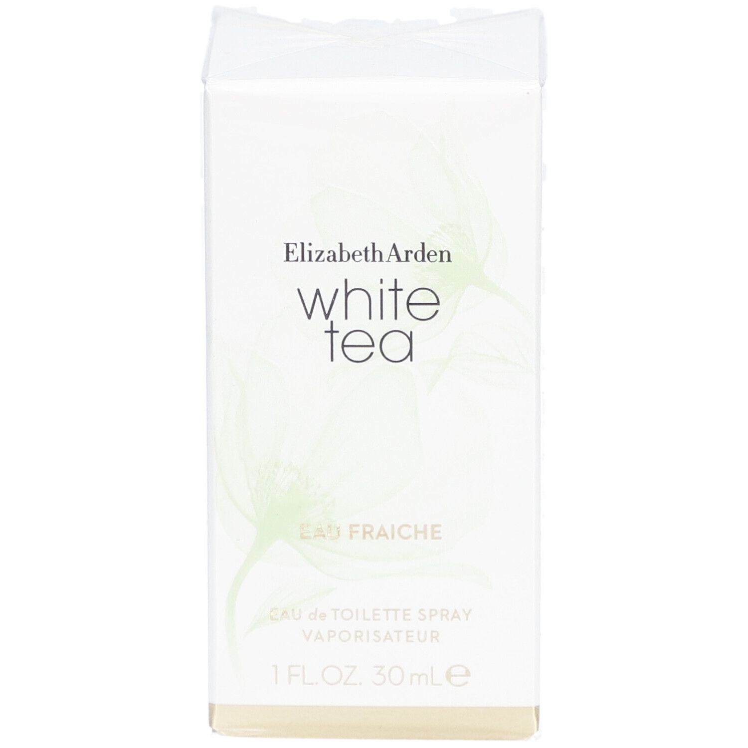 Witte rechthoekige doos met productnaam en logo. Opschrift: White Tea Eau Fraîche. 1 FL.OZ. 30 ml.