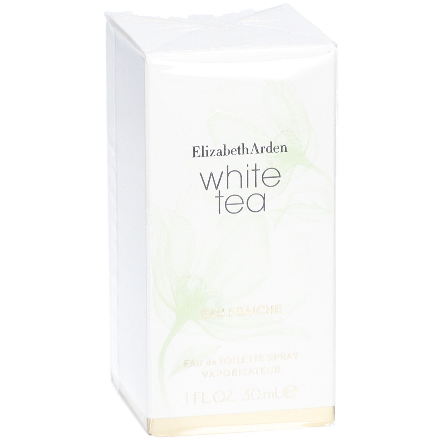 Witte rechthoekige doos met productnaam en logo. Opschrift: White Tea Eau Fraîche. 1 FL.OZ. 30 ml.