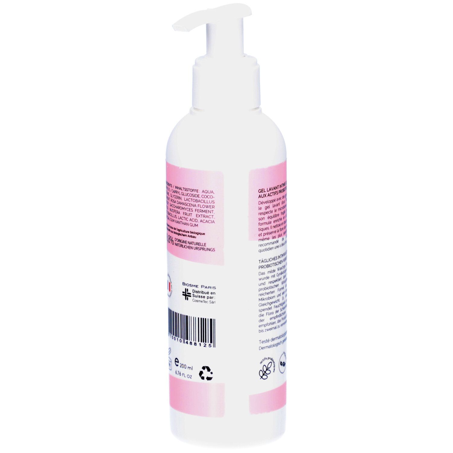 Achterkant van de witte fles. Meertalige tekst. Barcode, ingrediënten, certificeringen.