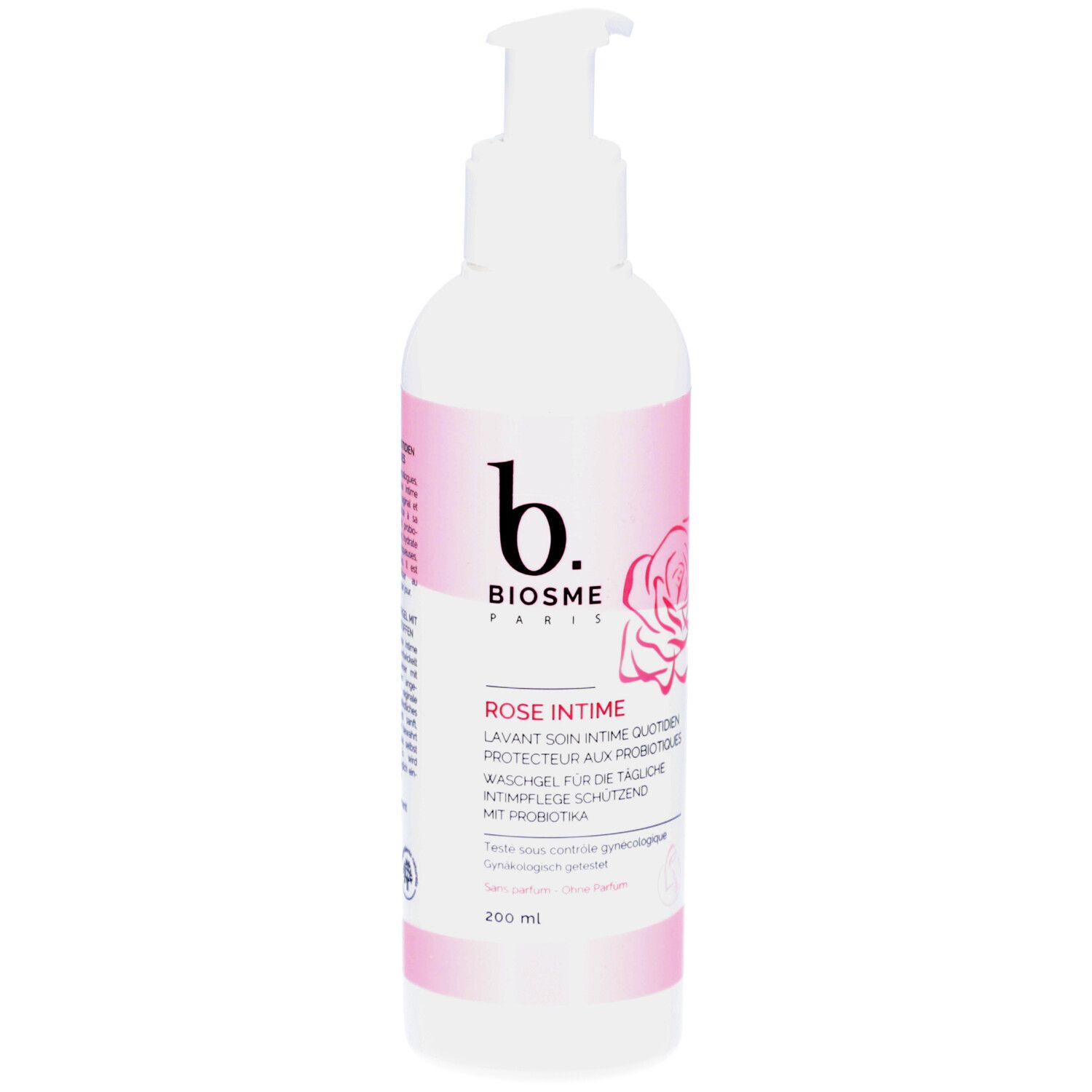 Witte fles met roze accenten. Opschrift: b. BIOSME PARIS, Rose Intime, wasgel. Met doseerpomp.