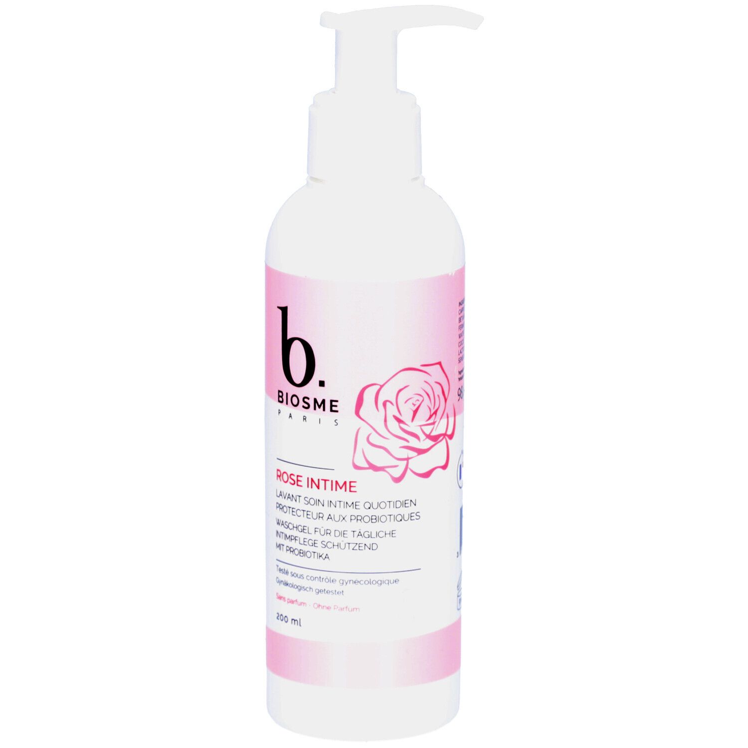 Witte fles met roze accenten. Opschrift: b. BIOSME PARIS, Rose Intime, wasgel. Met doseerpomp.