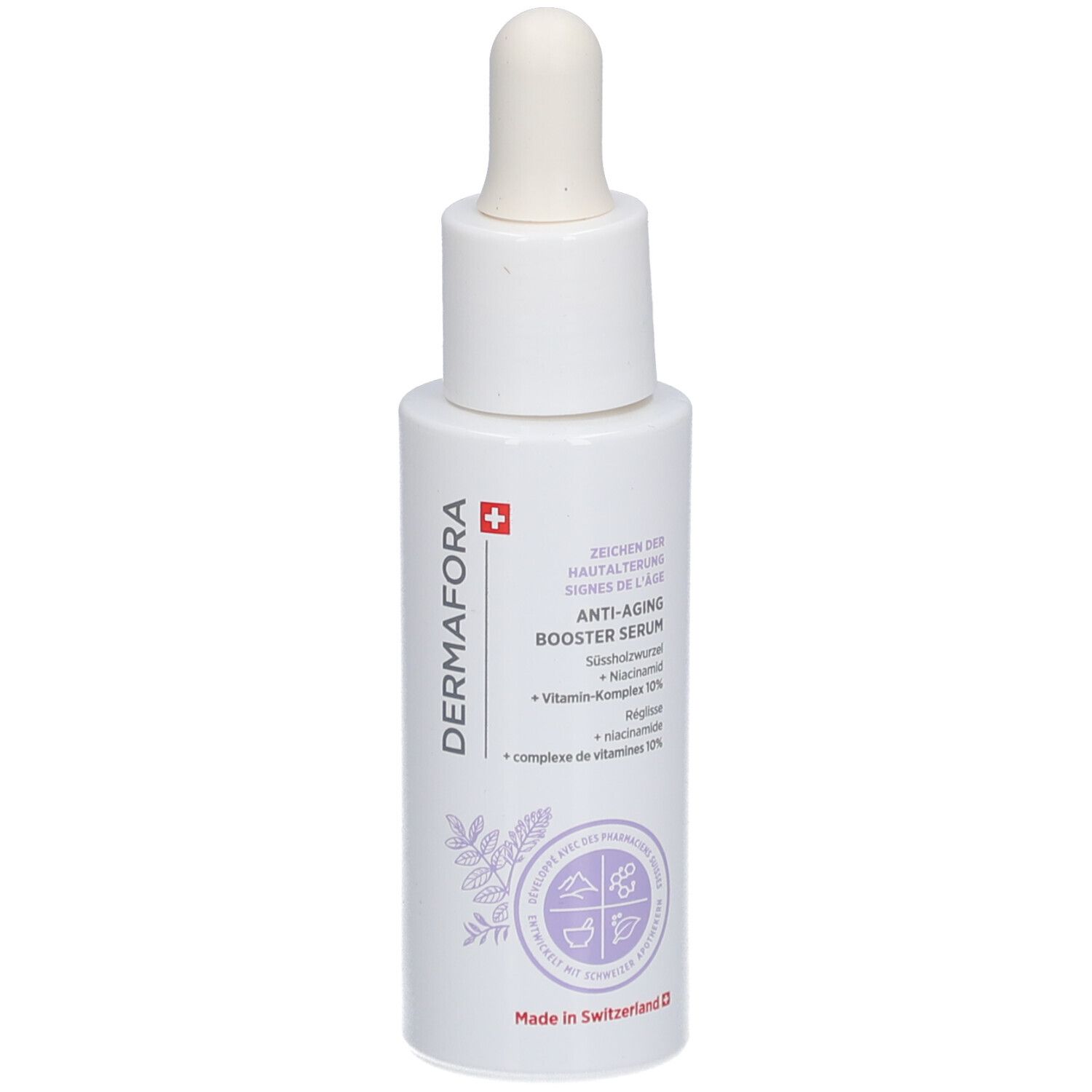 Flacon blanc avec pipette. Inscription: Dermafora, Anti-Aging Booster Serum. Croix suisse.