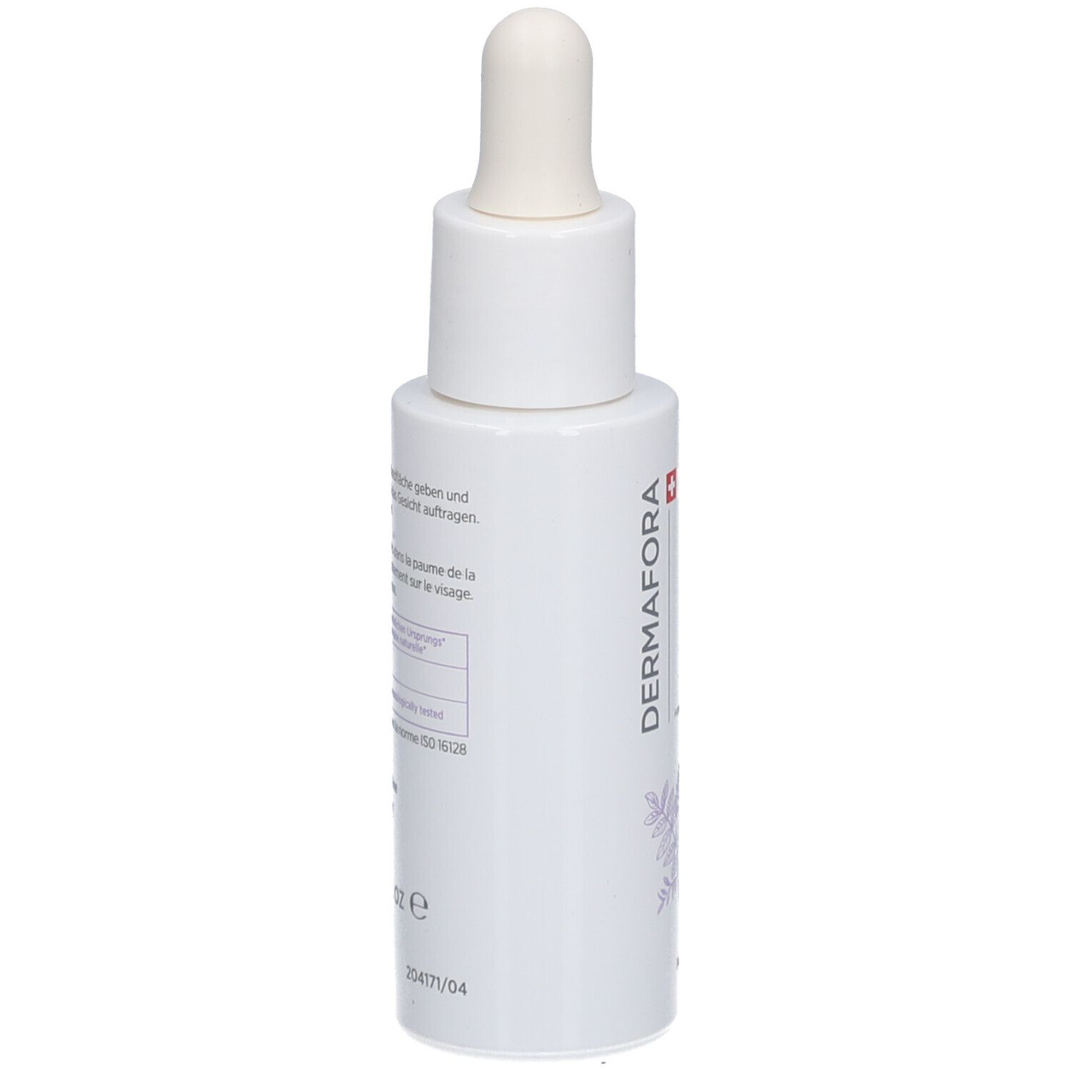 Flacon blanc avec pipette. Inscription: Dermafora. Texte et symboles au dos.
