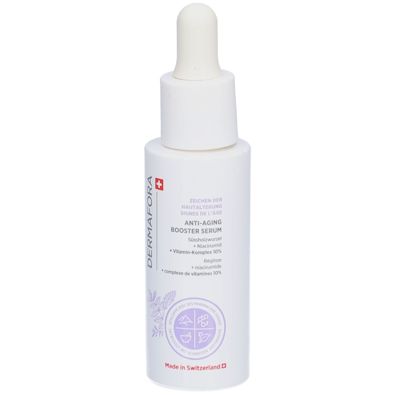 Flacon blanc avec pipette. Inscription: Dermafora, Anti-Aging Booster Serum. Croix suisse.