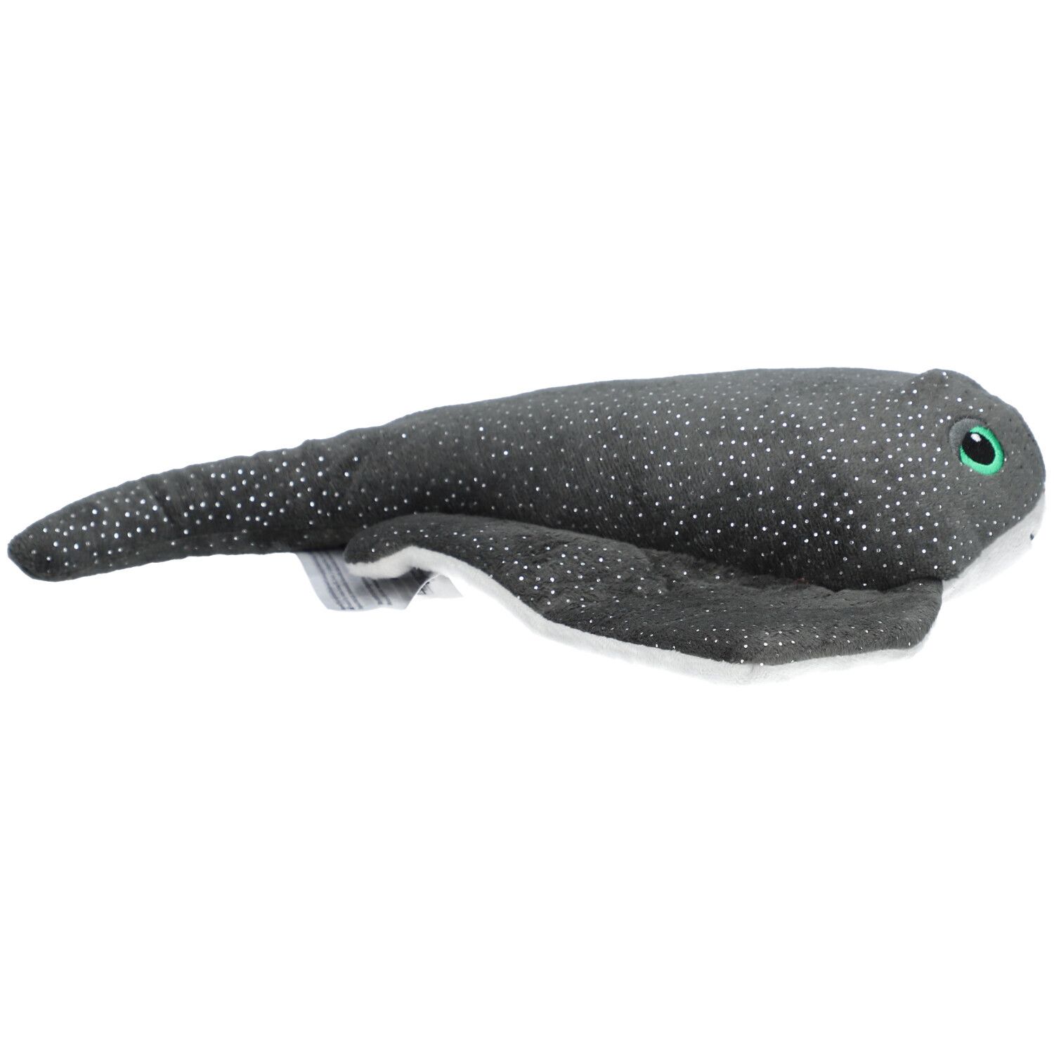 Raie manta en peluche grise à pois blancs. Yeux verts. Étiquette.
