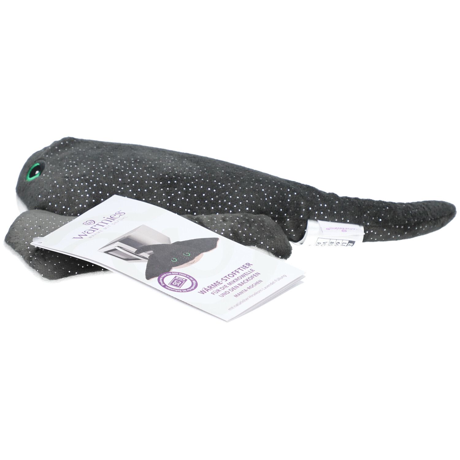 Raie manta en peluche grise à pois blancs. Yeux verts. Étiquette avec logo et texte.