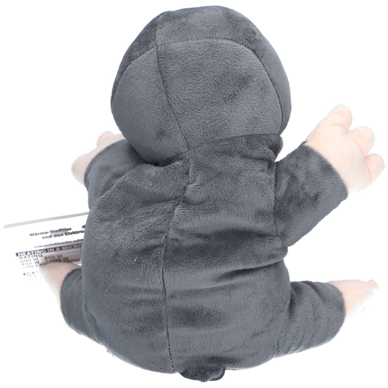 Achteraanzicht van de grijze mol pluche. Label met tekst: warmte knuffel en logo.