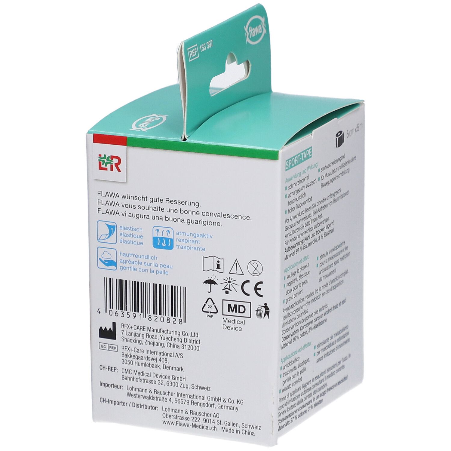 flawa® Sport-Tape pour bandages kinésiologiques 5 cm x 5 m noir