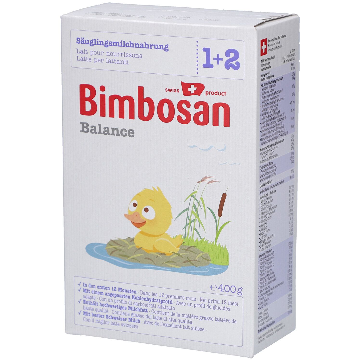 Boîte de lait infantile "Bimbosan Balance". Canard dans l'étang. Drapeau suisse. 400g. Texte en allemand, français, italien.