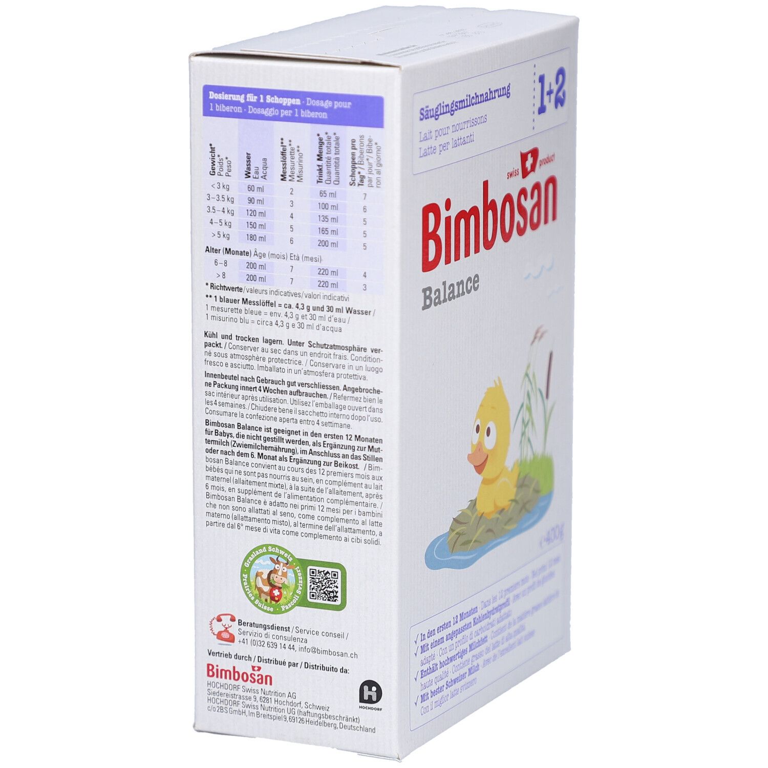 Boîte "Bimbosan Balance" lait infantile. Côté avec tableau de dosage. Drapeau suisse. Texte en allemand, français, italien.