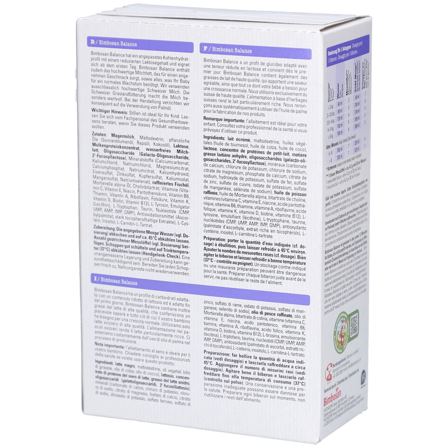 Dos de la boîte "Bimbosan Balance" lait infantile. Texte en allemand, français, italien. Liste des ingrédients et valeurs nutritionnelles.