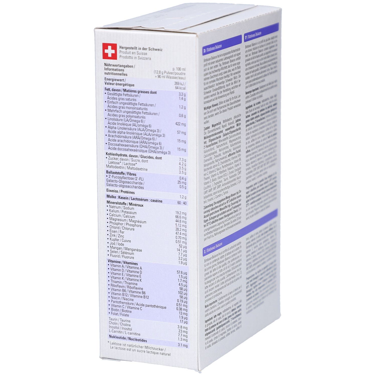 Côté de la boîte "Bimbosan Balance" lait infantile. Valeurs nutritionnelles. Texte en allemand, français, italien.