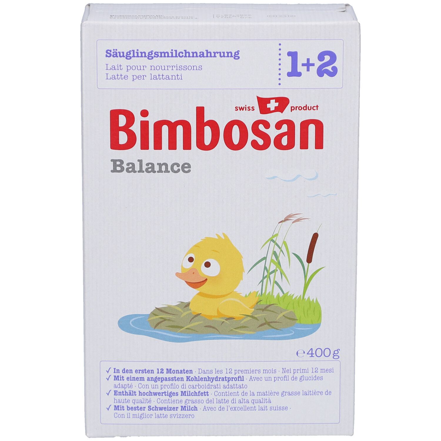 Boîte "Bimbosan Balance" lait infantile. Canard dans l'étang. Drapeau suisse. Texte en allemand, français, italien.