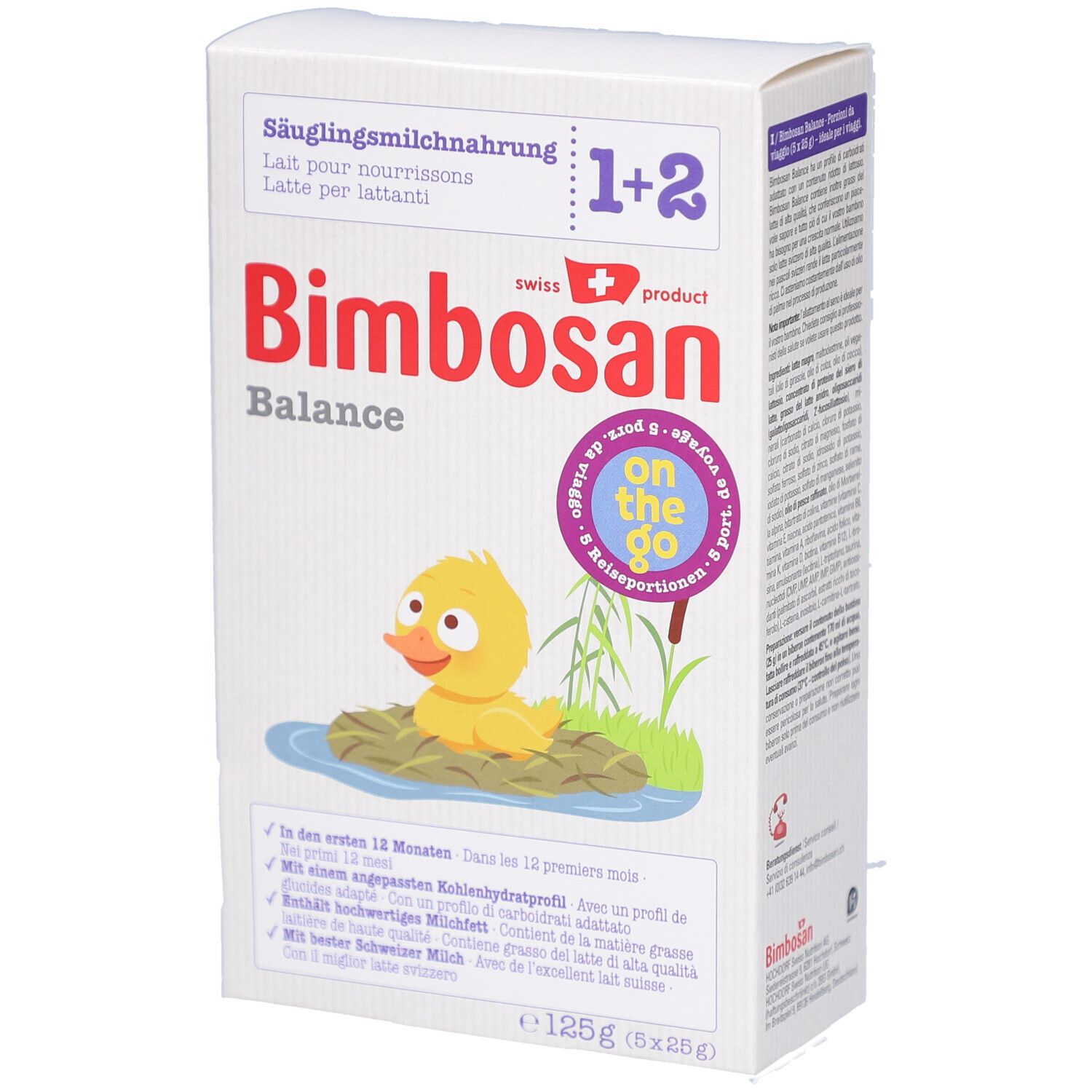 Boîte de lait infantile Bimbosan Balance 1. Illustration d'un canard et d'un bébé. Texte: DHA, Säuglingsmilchnahrung, 1, Balance.