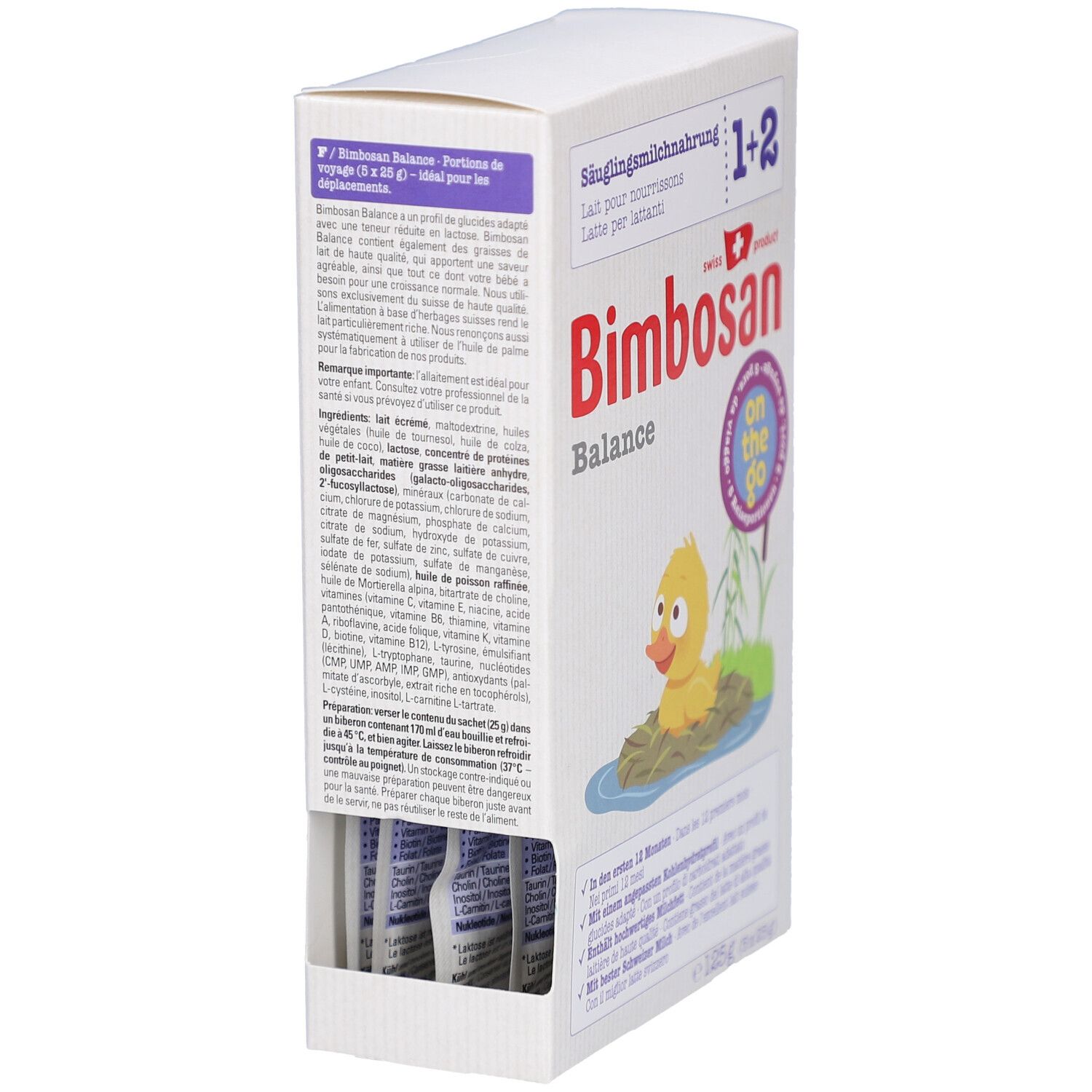 Boîte Bimbosan Balance 1. Portions individuelles visibles. Texte: DHA, Säuglingsmilchnahrung, 1, Balance. Illustration d'un canard et d'un bébé.