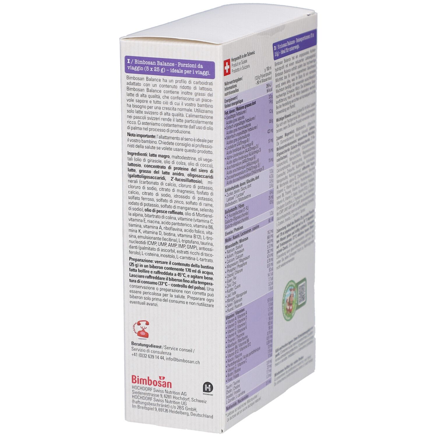 Dos de l'emballage Bimbosan Balance 1. Contient des informations nutritionnelles et une liste d'ingrédients. Texte: Säuglingsmilchnahrung, Energie, Nährwerte.