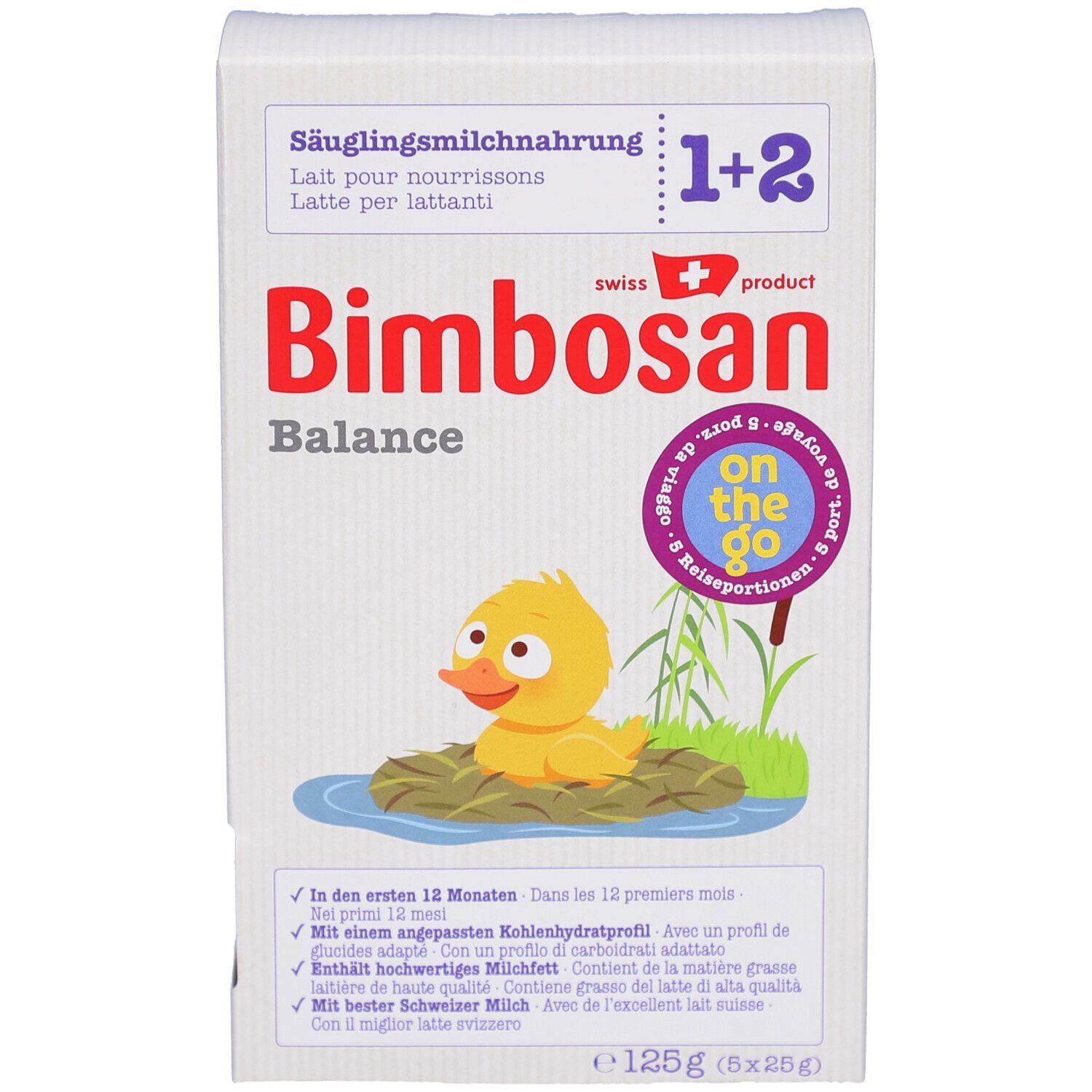 Boîte de lait infantile Bimbosan Balance 1. Illustration d'un canard et d'un bébé. Texte: DHA, Säuglingsmilchnahrung, 1, Balance.