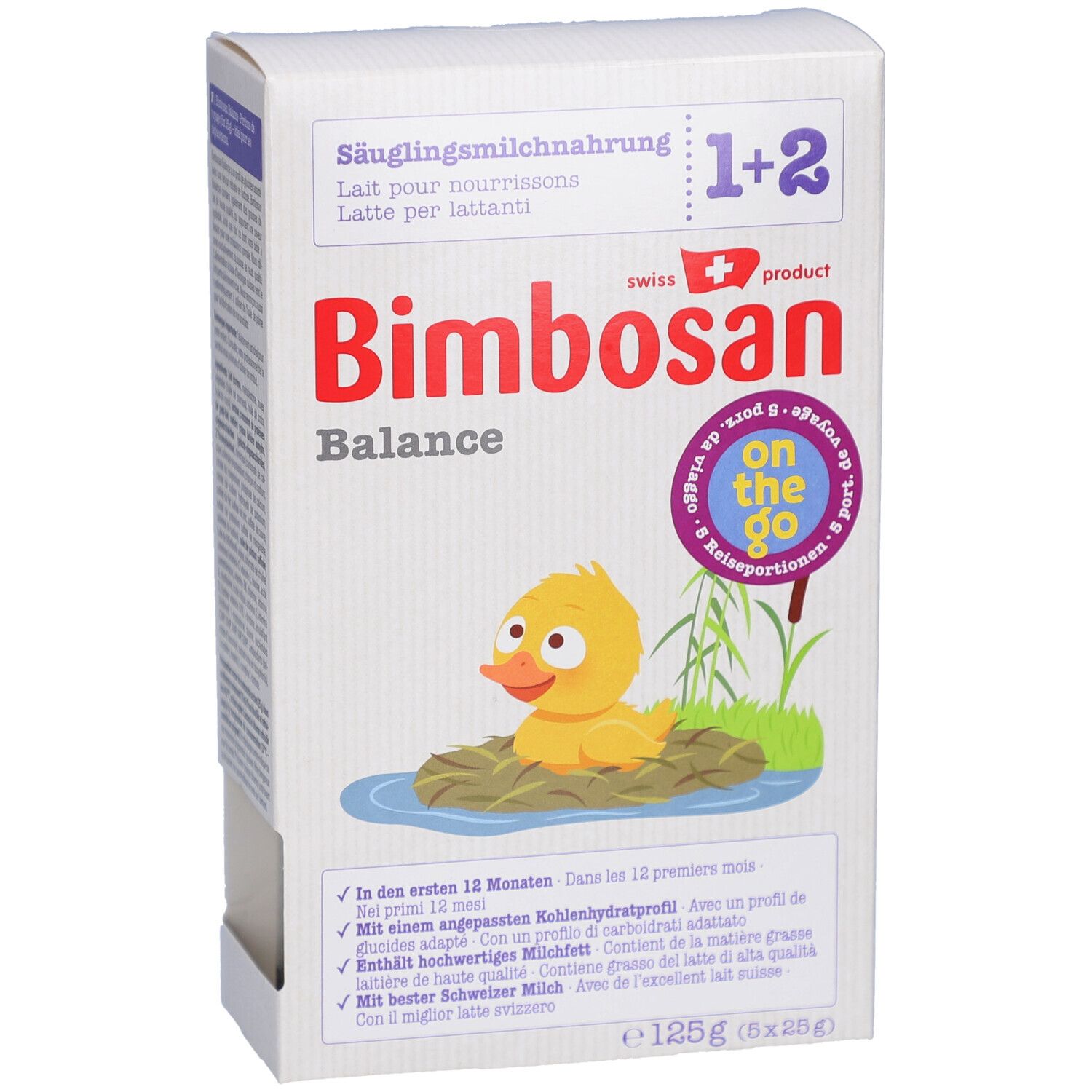 Boîte de lait infantile Bimbosan Balance 1. Illustration d'un canard et d'un bébé. Texte: DHA, Säuglingsmilchnahrung, 1, Balance.