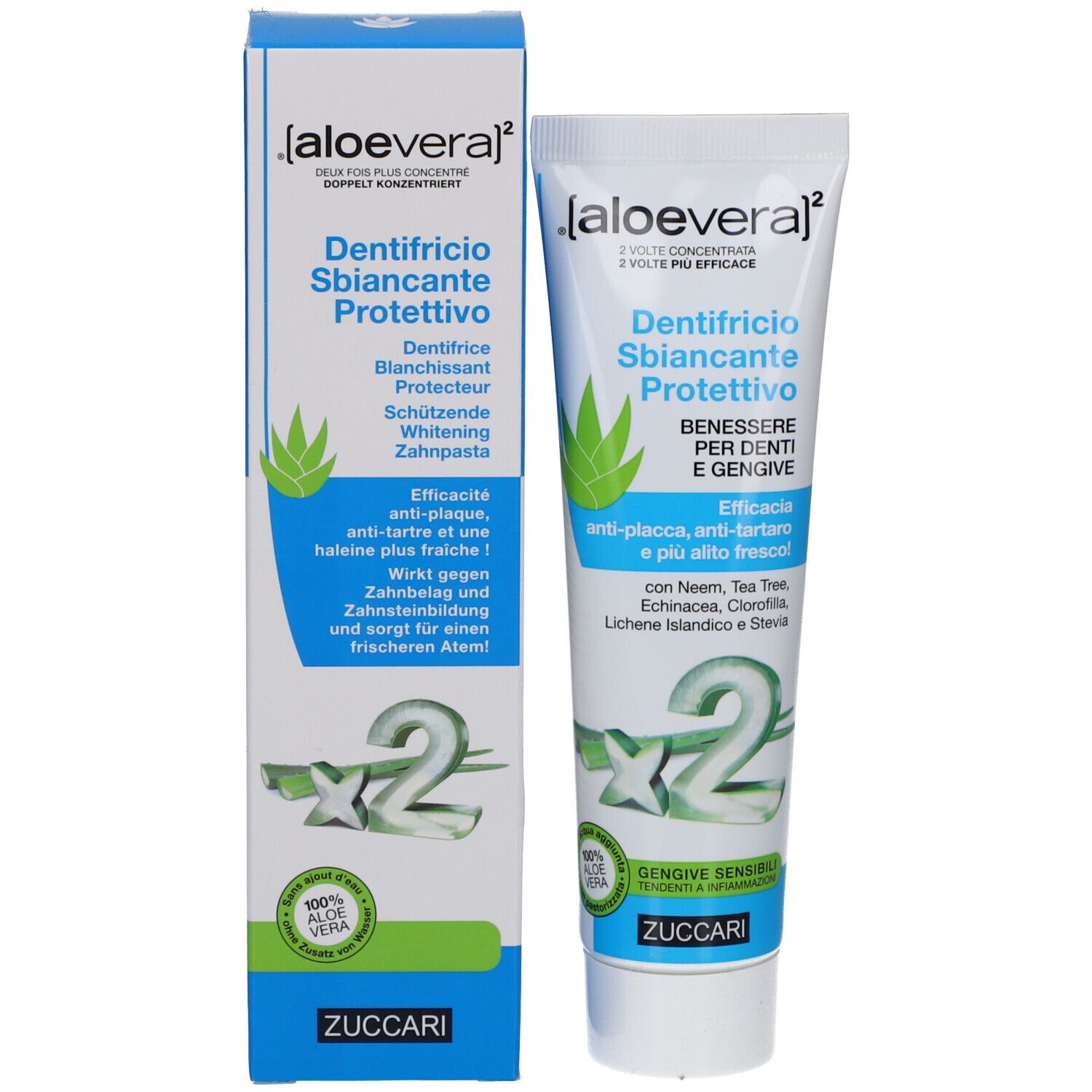 Tandpastatube en doos. Tekst: 'Dentifricio Sbiancante Protettivo'. Merk ZUCCARI. Opschrift: 'Aloe vera'.